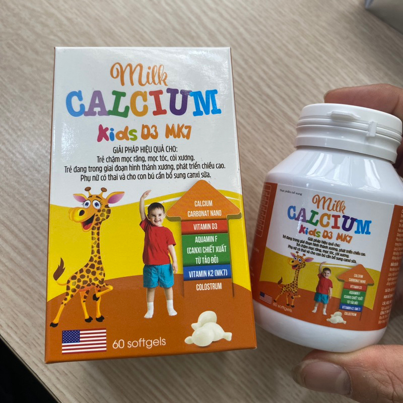 Viên kẹo nhai Canxi nano MILK CALCIUM KIDS D3 MK7 lọ 60 viên dùng cho trẻ bị còi xương phát triển chiều cao