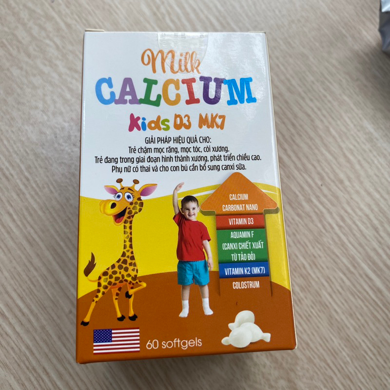 Viên kẹo nhai Canxi nano MILK CALCIUM KIDS D3 MK7 lọ 60 viên dùng cho trẻ bị còi xương phát triển chiều cao