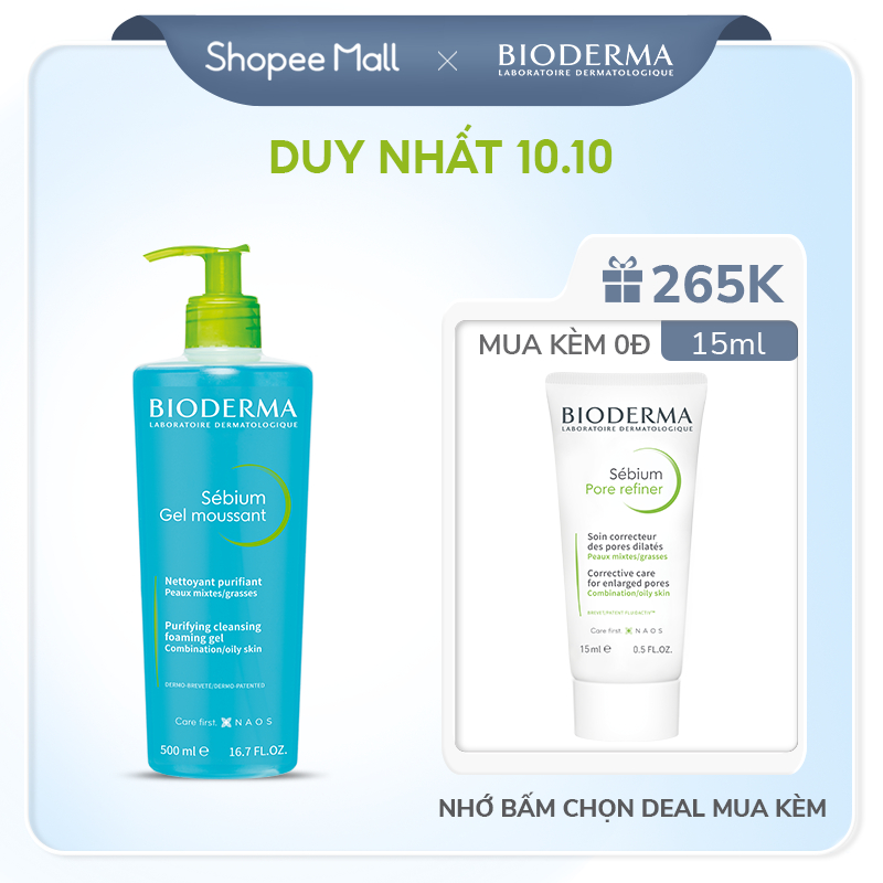 Gel rửa mặt tạo bọt, không chứa xà phòng Bioderma Sebium Gel Moussant - 500ml