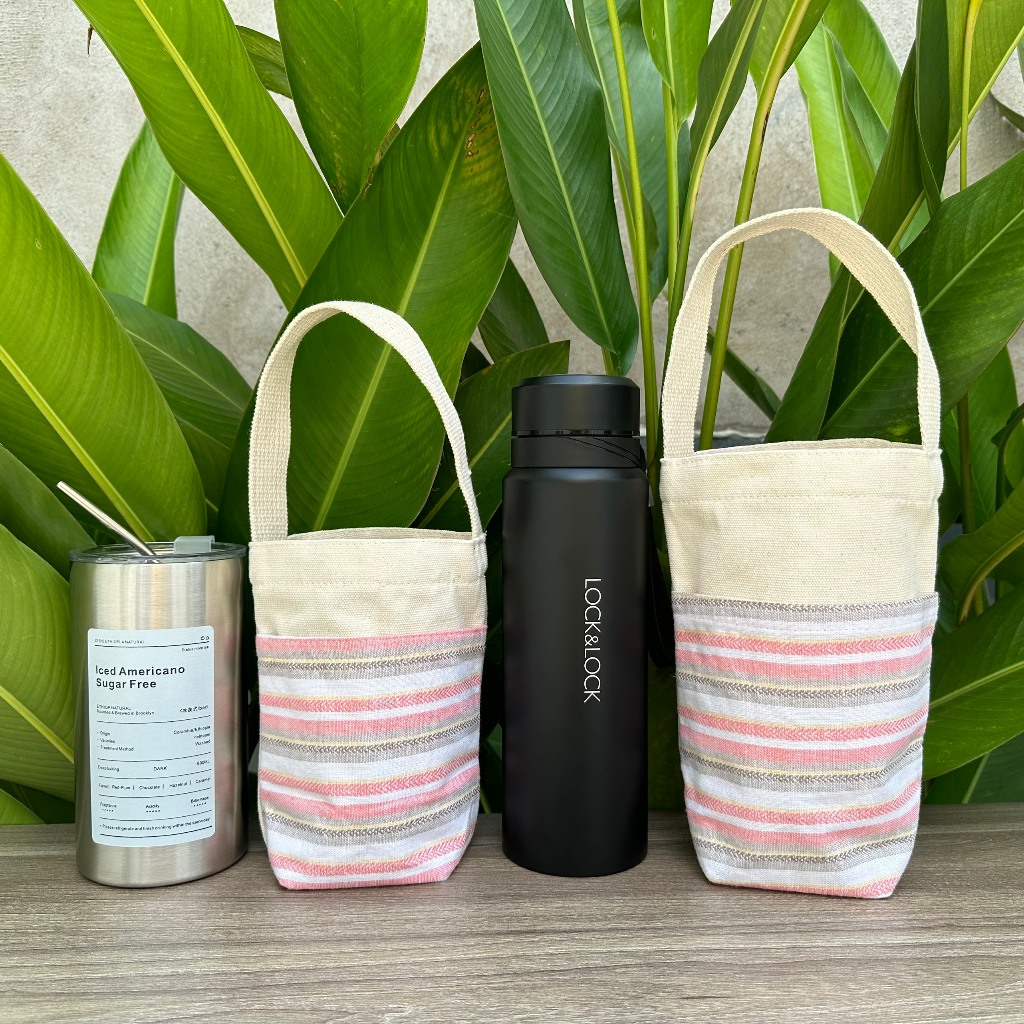 Túi đựng ly giữ nhiệt (holder bag) canvas phối vải linen thổ cẩm sọc hồng họa tiết Tiệm Nhà Pony AT01