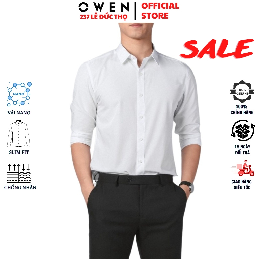 Áo sơ mi trắng trơn nam OWEN AS221196D somi công sở dài tay form slim fit tà lượn không túi chất nano cao cấp nhẹ mát