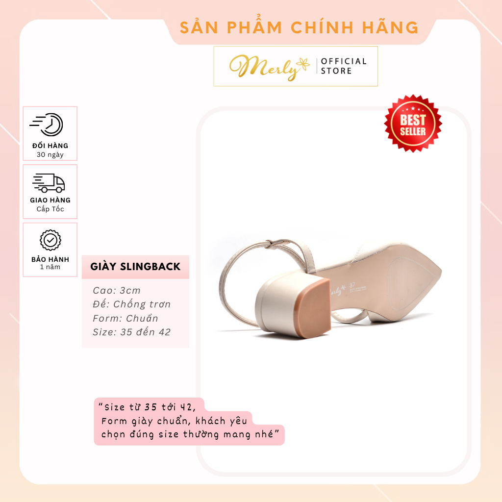 Giày Bít Mũi Nữ Đế Thấp Quai Hậu 3cm Merly 1047, Giày Slingback Gót Vuông, Giày Cao Gót Mũi Nhọn, Giày Bít Mũi Hở Gót Nữ