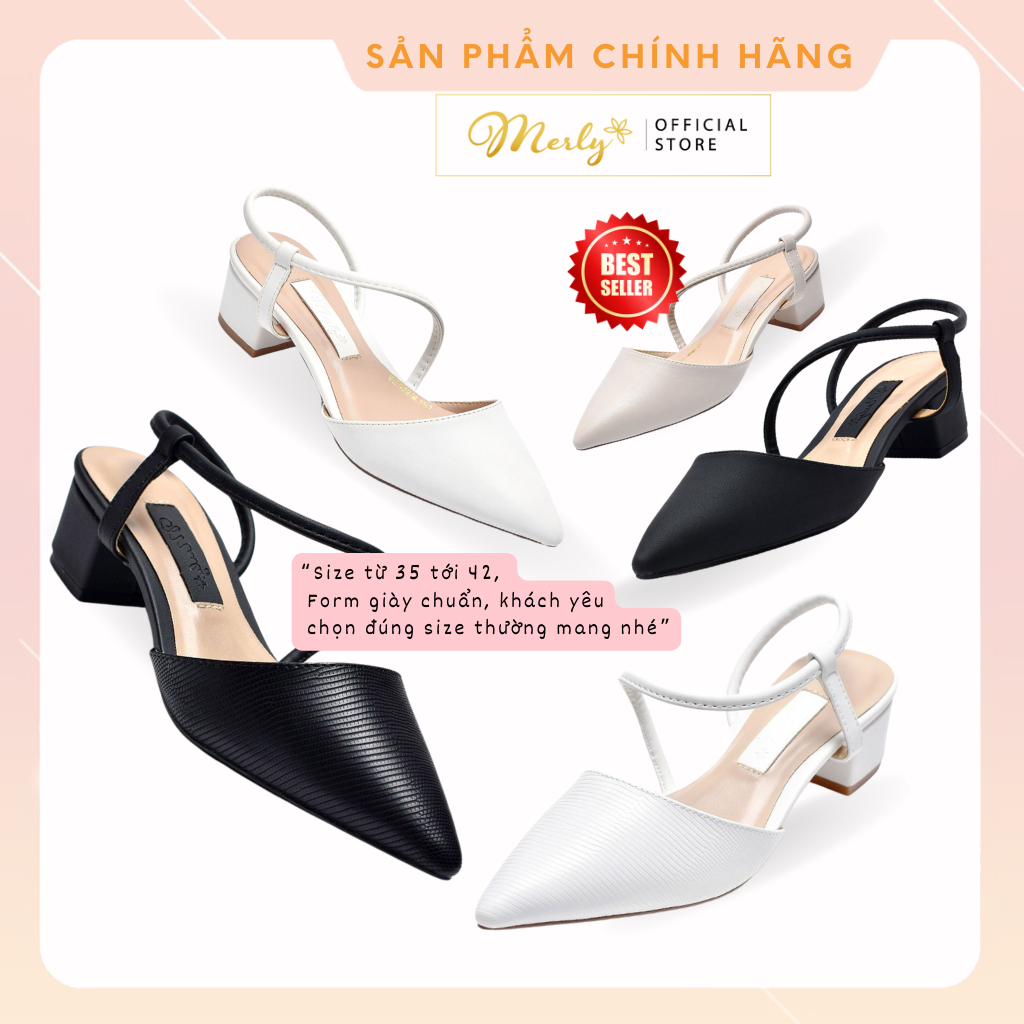 Giày Bít Mũi Nữ Đế Thấp Quai Hậu 3cm Merly 1047, Giày Slingback Gót Vuông, Giày Cao Gót Mũi Nhọn, Giày Bít Mũi Hở Gót Nữ