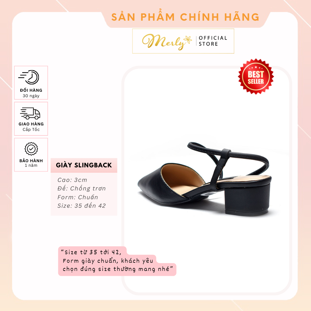 Giày Bít Mũi Nữ Đế Thấp Quai Hậu 3cm Merly 1047, Giày Slingback Gót Vuông, Giày Cao Gót Mũi Nhọn, Giày Bít Mũi Hở Gót Nữ