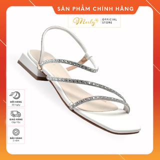 Giày sandal dây đính đá gót thấp Merly 1502 Trắng, Giày sandal nữ big size