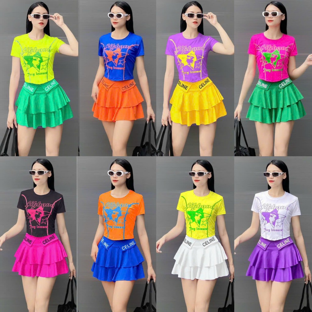 Bộ áo chất thun, chân váy celine mặc đi tập, đi nhảy, đi chơi, đồng phục nhóm nữ