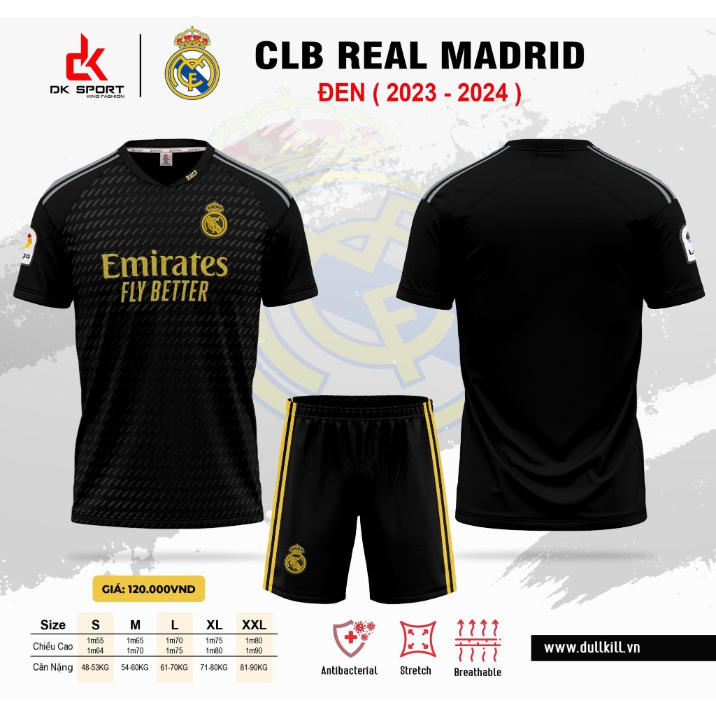 Bộ Quần Áo Đá Banh CLB  REAL ĐEN Vàng 2023