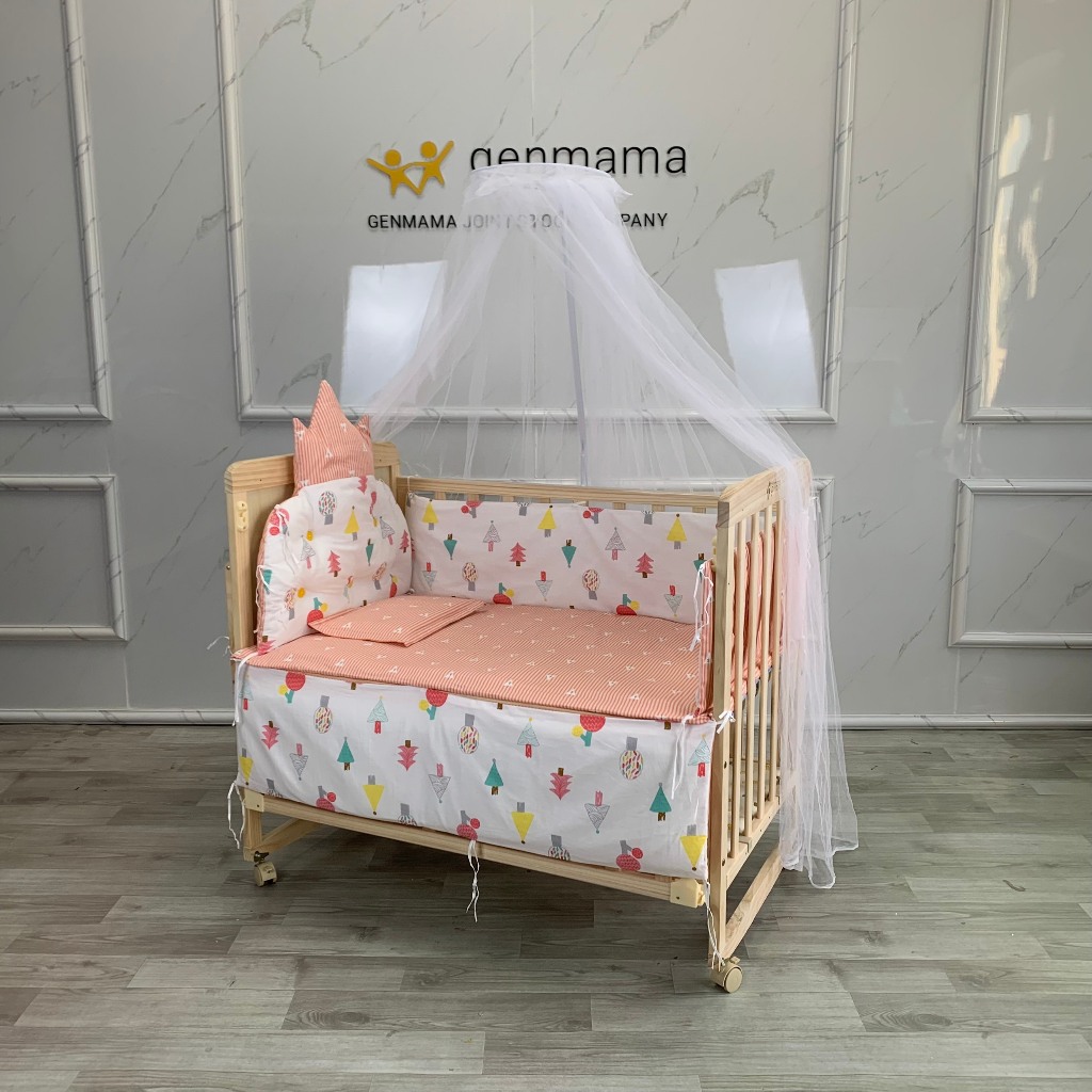 Nôi cũi gỗ cho trẻ em kèm đệm,quây,màn,gối kích thước 105*60*90cm, quây cũi cho bé 6 chi tiết,cũi gỗ cho bé GENMAMA