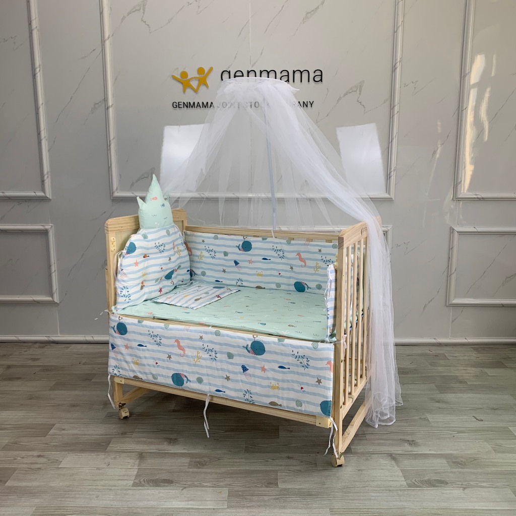 Nôi cũi gỗ cho trẻ em kèm đệm,quây,màn,gối kích thước 105*60*90cm, quây cũi cho bé 6 chi tiết,cũi gỗ cho bé GENMAMA