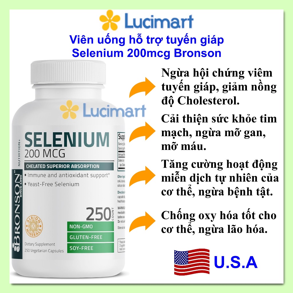 Viên uống hỗ trợ tuyến giáp Selenium 200mcg Bronson hũ 100 viên