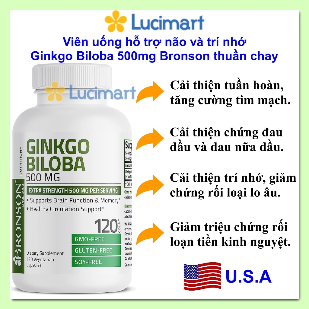 Viên uống hỗ trợ não và trí nhớ Ginkgo Biloba 500mg Bronson thuần chay hũ 120 viên [Hàng Mỹ]
