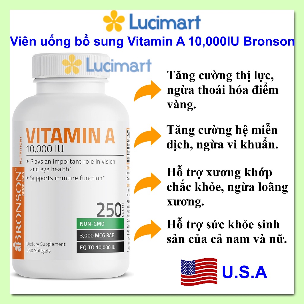 Viên uống bổ sung Vitamin A 10,000IU Bronson hũ 250 viên