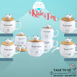 Cốc sứ CAT'S FAVORITE - KHẮC TÊN THEO YÊU CẦU, ly uống nước CÓ NẮP giữ nhiệt và THÌA, 400ml, HÔP QUÀ TẶNG in logo, hình