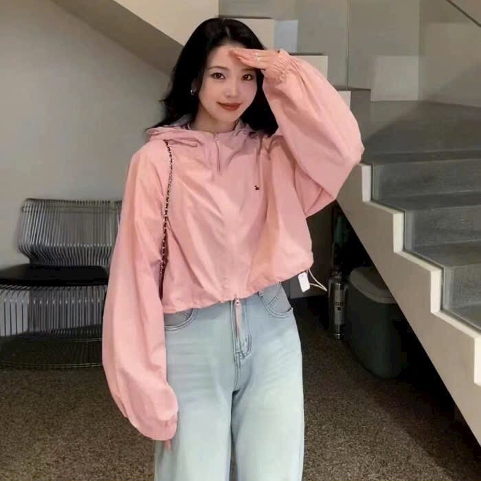 Mã SR57 Áo gió nữ hai lớp dáng croptop có mũ bo chun dáng ngắn trẻ trung hàng QC cao cấp