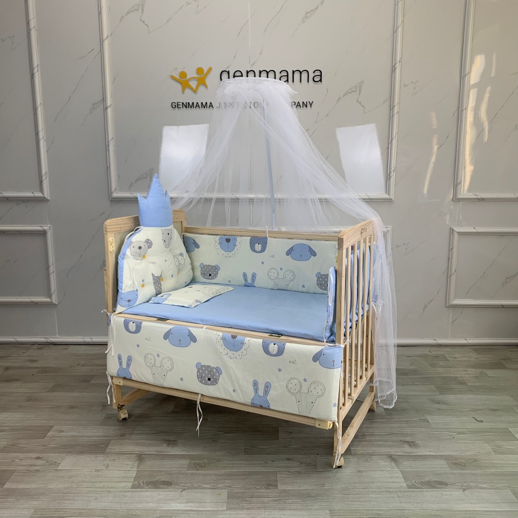 Nôi cũi gỗ cho trẻ em kèm đệm,quây,màn,gối kích thước 105*60*90cm, quây cũi cho bé 6 chi tiết,cũi gỗ cho bé GENMAMA