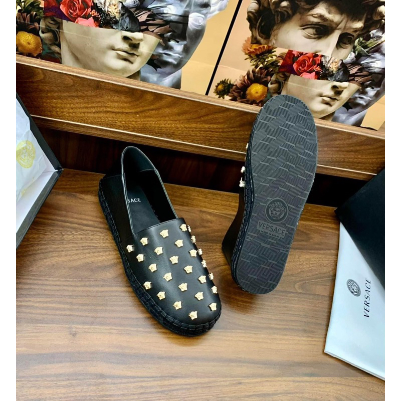 Giày slipon cói Versac - logo kim loại nguyên khối , đế cói hàng full box