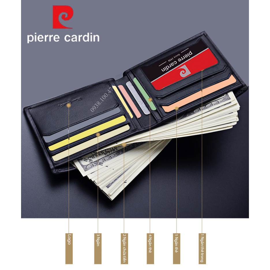Ví da Pierre Cardin chính hãng màu đen da bò thật ví ngang PCJ2037