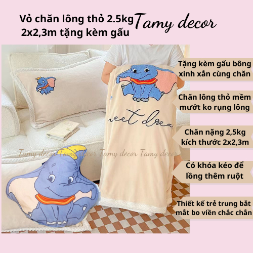 Vỏ chăn chăn lông thỏ Disney TẶNG KÈM GẤU BÔNG kết hợp mặt dưới lông cừu Tamy Decor có khóa kéo 2x2,3m nặng 2,5kg