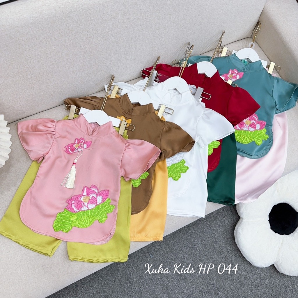 SALE SET BỘ BÀ BA TAY BỒNG HOA SEN THÊU  CHO BÉ 8-28KG