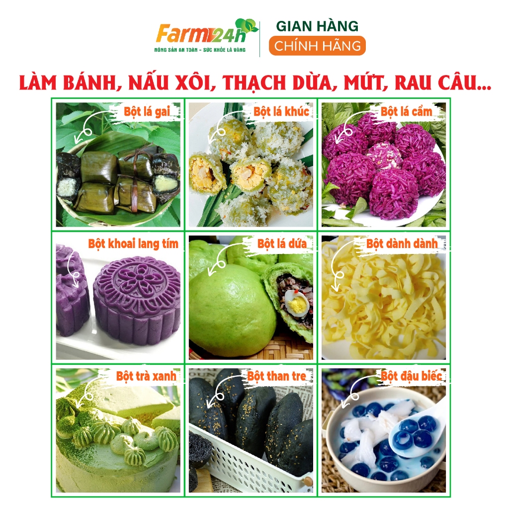 50 loại bột tạo màu thực phẩm hữu cơ rau củ quả lá nếp/lá dứa/gấc/dành dành/củ dền/trà xanh/ bí đỏ/ bồ ngót/ khoai lang
