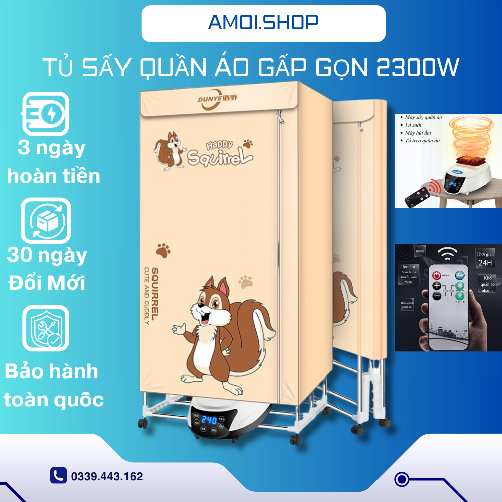 Máy sấy quần áo Amoi công suất lớn 2300W | Gấp Gọn Điều Khiển Từ Xa Hẹn Giờ | Tủ sấy quần áo | Bảo hành 12 tháng