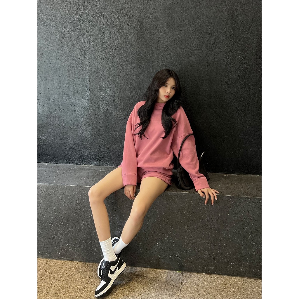 Bộ quần áo nỉ trơn oversize HHVINTAGE kiểu sweater short Set A108