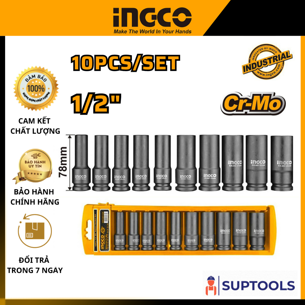 Bộ 10 đầu tuýp dài 1/2" INGCO HKISSD12102L loại dài thép Cr-MO siêu bền bỉ, đầu khẩu mở bulong ốc [Đồ nghề chính hãng]