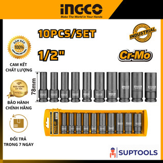 Bộ 10 đầu tuýp dài 1/2" ingco hkissd12102l thép cr-mo siêu bền bỉ, đầu khẩu mở bulong ốc