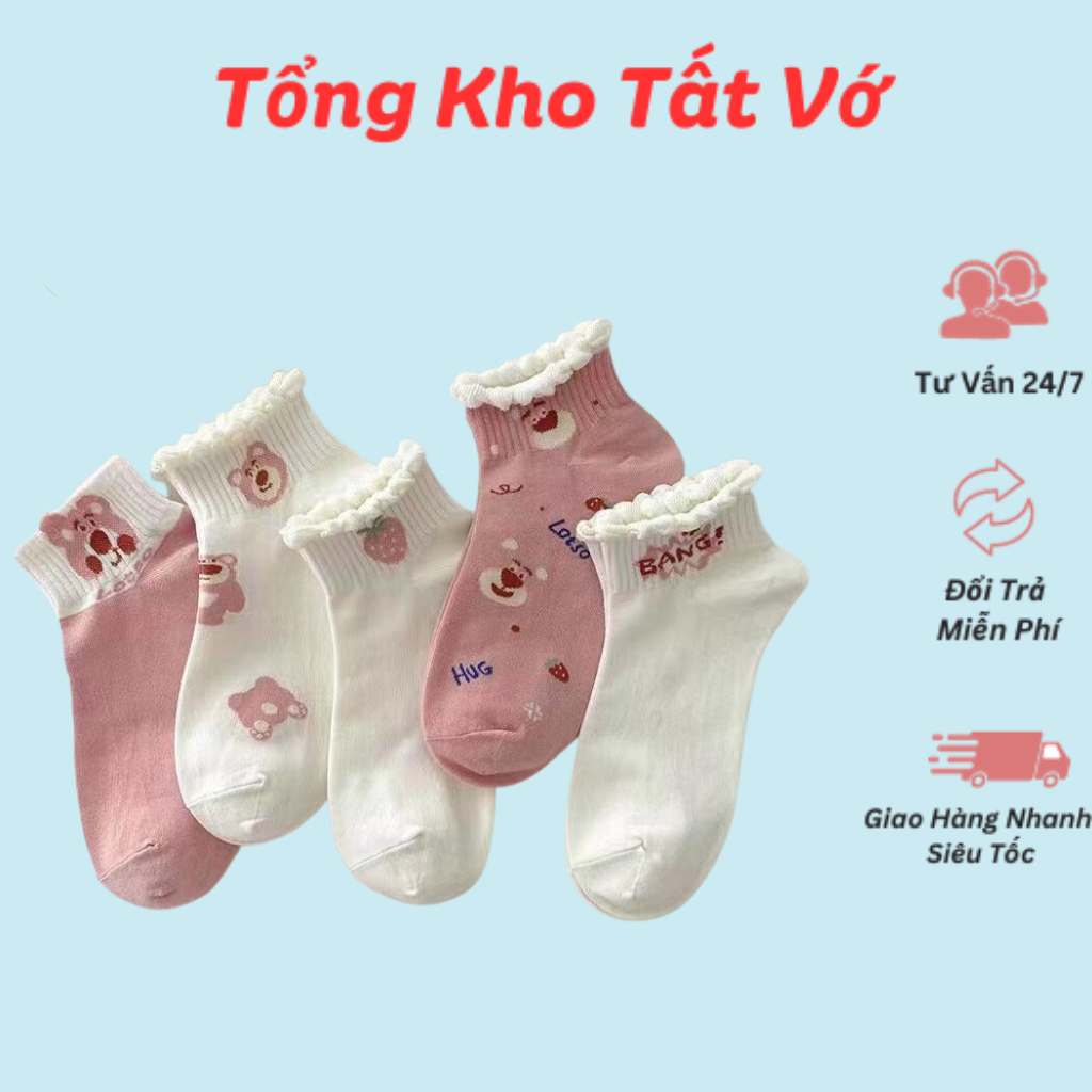 Set 5 Đôi Tất Vớ Cổ Ngắn Hoạ Tiết Gấu Hồng Cổ Bèo Siêu Xinh
