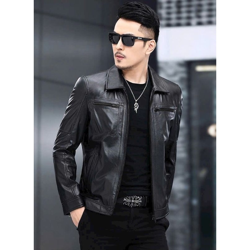 Áo khoác da nam cổ sơ mi túi hộp có khoá kéo dành cho bike, phượt, mẫu áo da 2023 dành cho quý ông