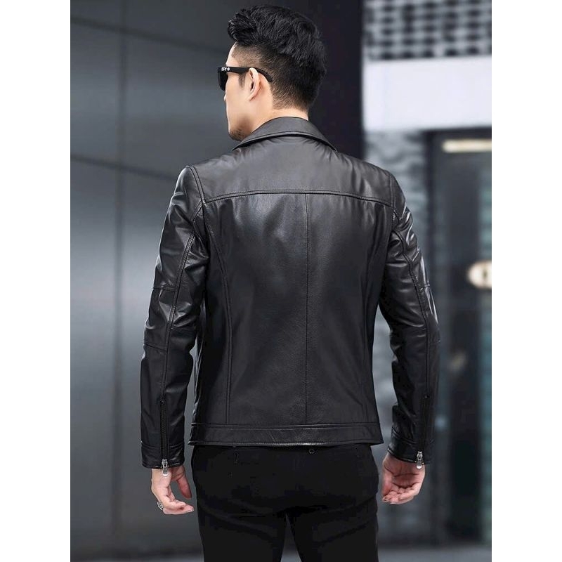 Áo khoác da nam cổ sơ mi túi hộp có khoá kéo dành cho bike, phượt, mẫu áo da 2023 dành cho quý ông