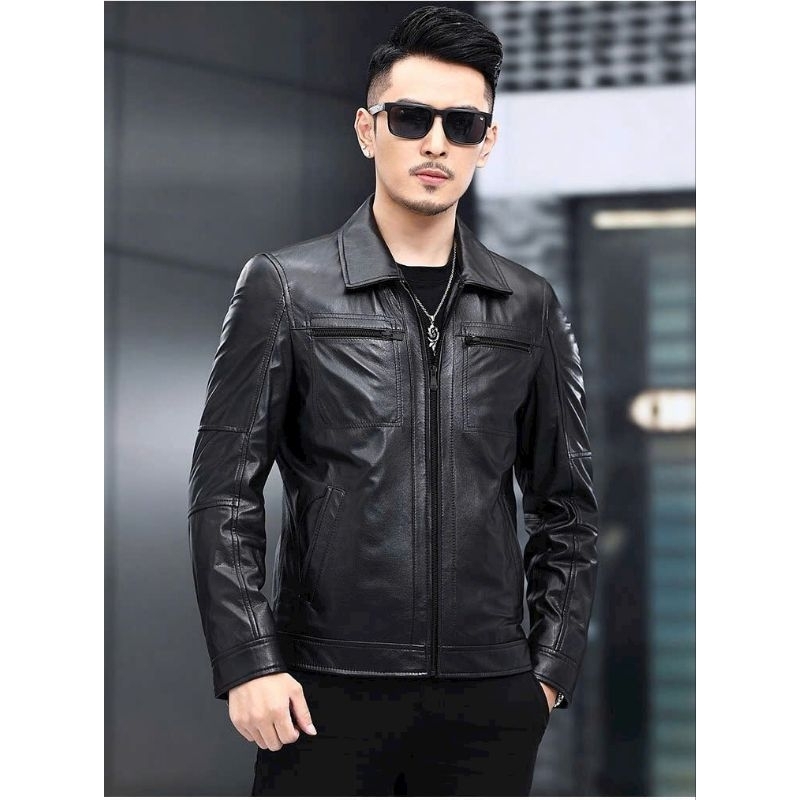 Áo khoác da nam cổ sơ mi túi hộp có khoá kéo dành cho bike, phượt, mẫu áo da 2023 dành cho quý ông