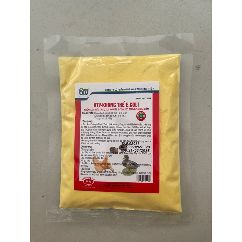 BTV - KHÁNG THỂ ECOLI GIA CẦM gói bột 100gr phòng và tri tiêu chảy,ecoli kéo màng trên gà, vịt, gia cầm