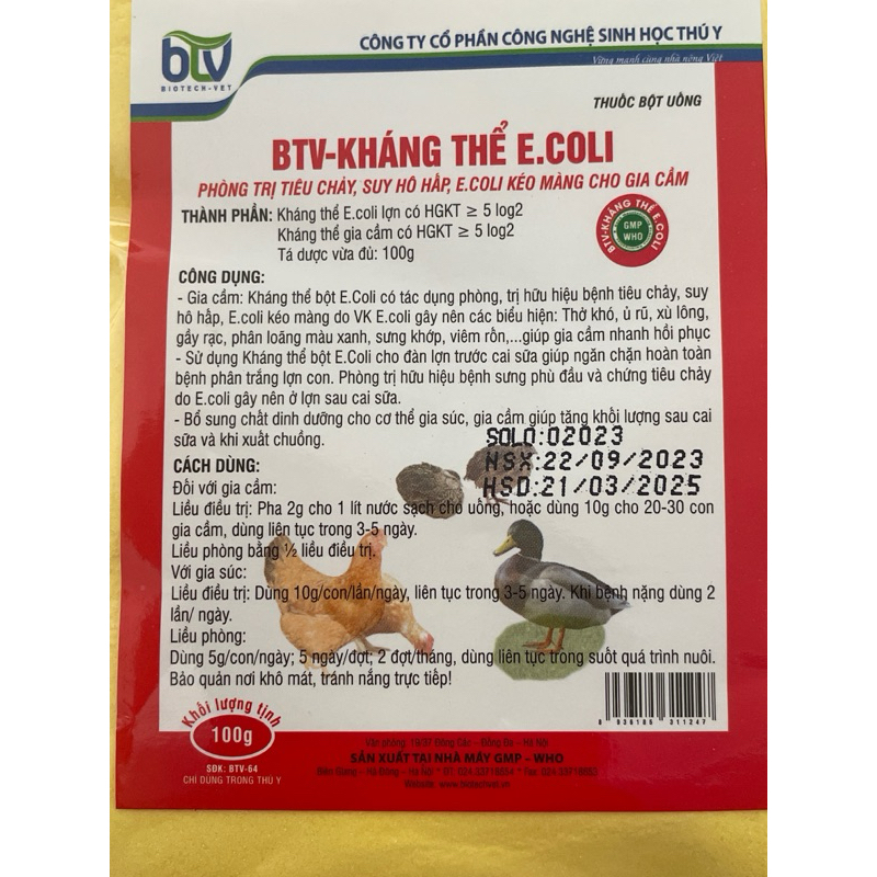BTV - KHÁNG THỂ ECOLI GIA CẦM gói bột 100gr phòng và tri tiêu chảy,ecoli kéo màng trên gà, vịt, gia cầm
