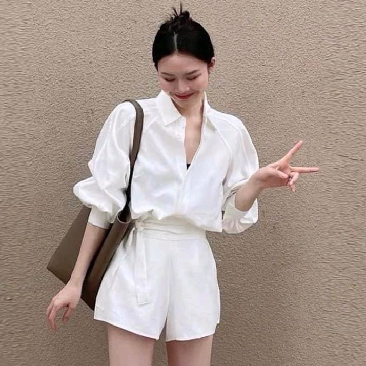 Bộ sơ mi quần cộc kèm dây nơ buộc rời cá tính