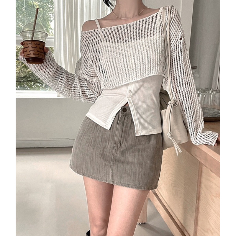 SET CROPTOP LƯỚI + ÁO 2 DÂY XẺ GIỮA + CHÂN VÁY XÁM