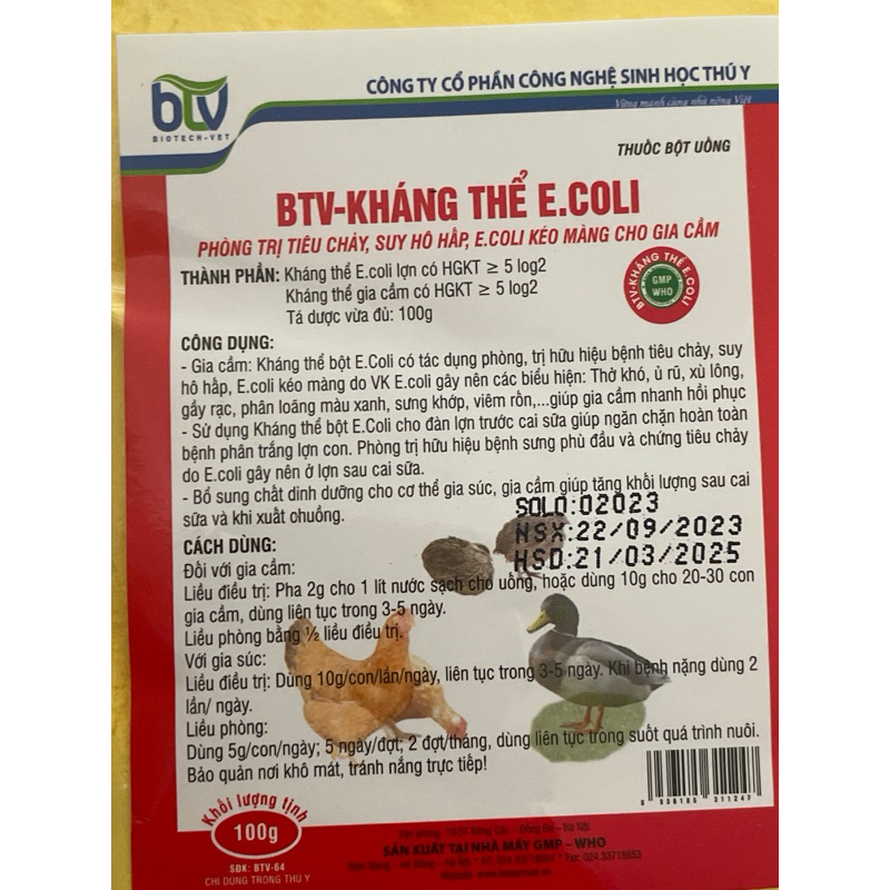 BTV - KHÁNG THỂ ECOLI GIA CẦM gói bột 100gr phòng và tri tiêu chảy,ecoli kéo màng trên gà, vịt, gia cầm