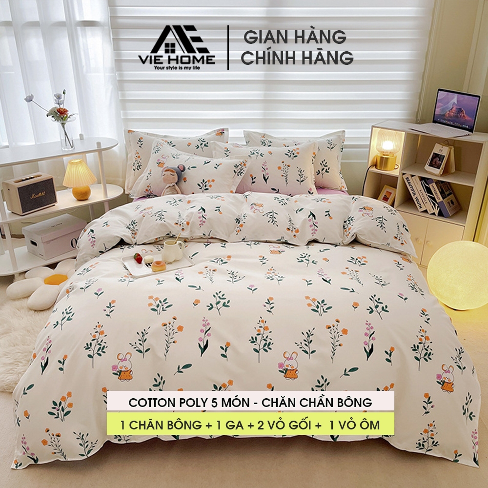 Bộ chăn ga gối Cotton Poly VIE HOME - Bedding nhập khẩu miễn phí may nhiều kích thước Drap bọc giường M2,M4,M6,M8