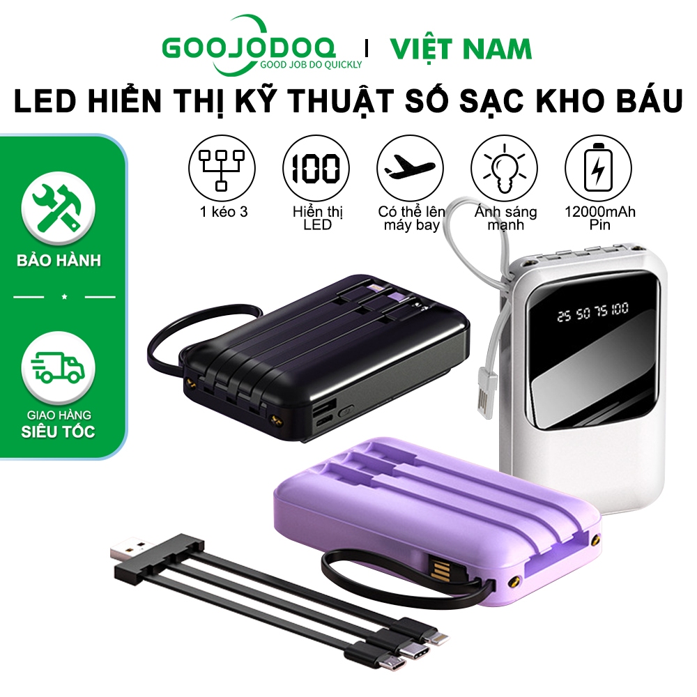 Sạc dự phòng Goojodoq Mini 12000mAh dung lượng lớn tích hợp dây sạc nhanh với màn hình LED cho nhiều thiết bị điện thoại