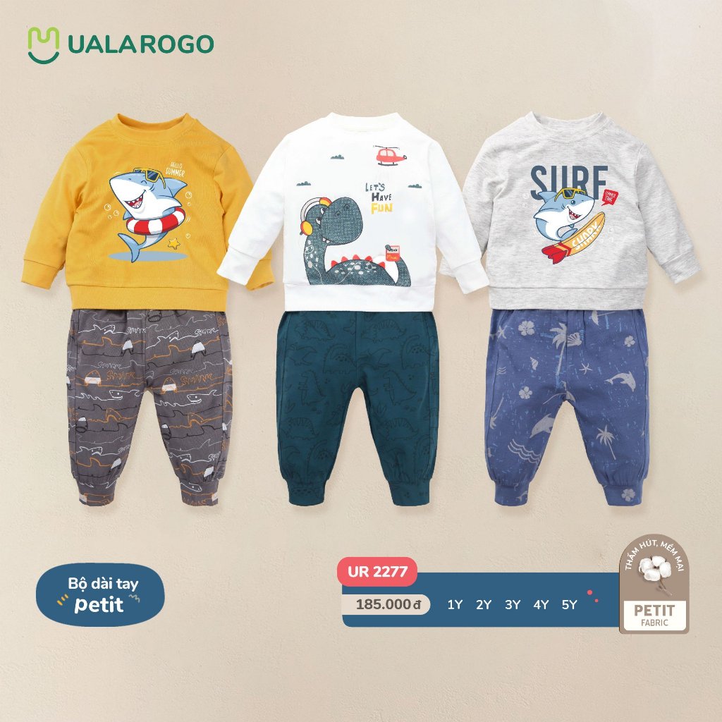 Bộ dài tay cài vai uala chất petit cao cấp họa tiết bé trai bé gái cáo, áo chữ quần caro UR 2265 2269 2277 2303