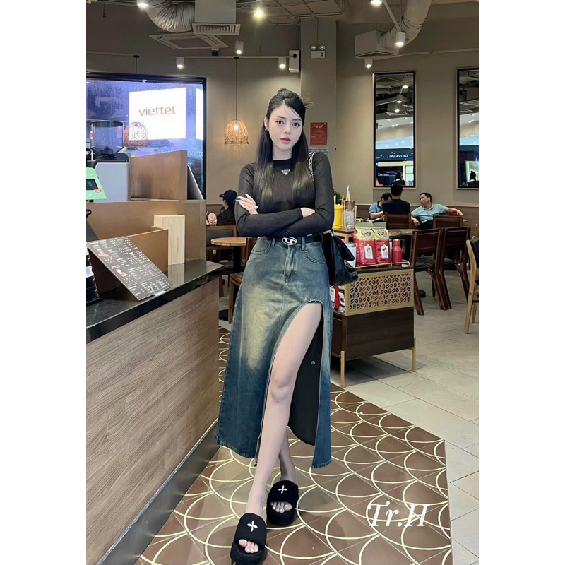 Chân váy Jeans Dài Xẻ Trước Hàng QC Loại 1