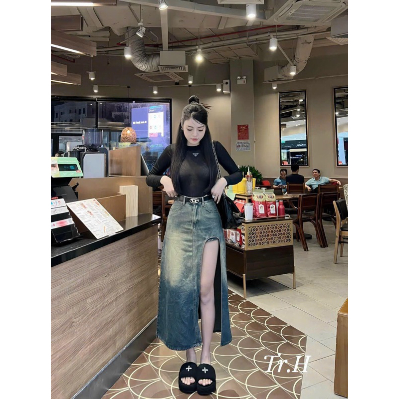 Chân váy Jeans Dài Xẻ Trước Hàng QC Loại 1