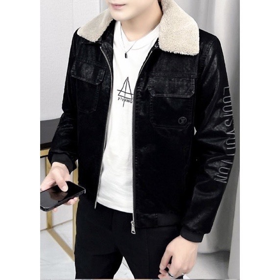 Áo Khoác Da Nhung Nam Tay Thêu Chữ - Cổ Lông - Lót Lông