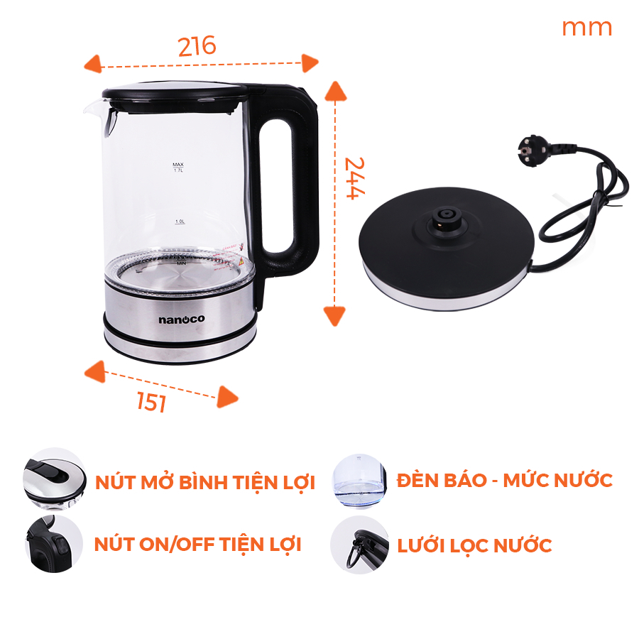 Bình đun siêu tốc thủy tinh nanoco 1790