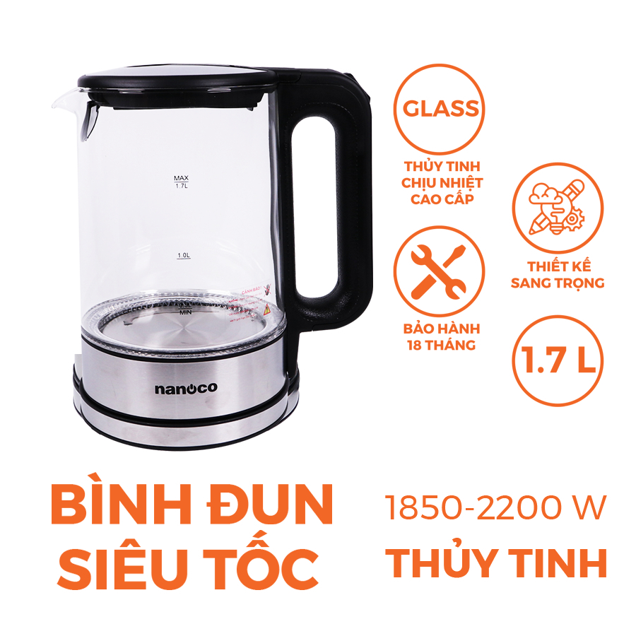 Bình đun siêu tốc thủy tinh nanoco 1790