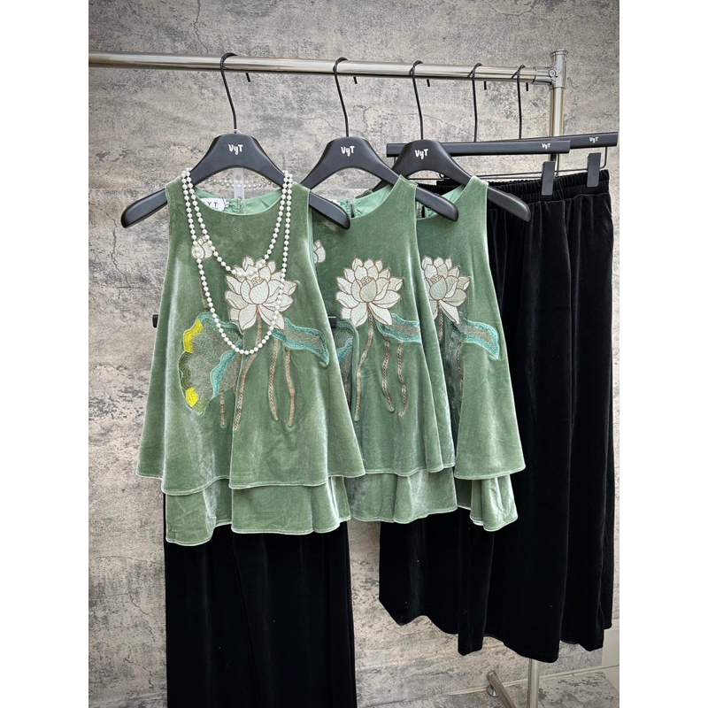 Set bộ nhung thêu hoa sen xanh min