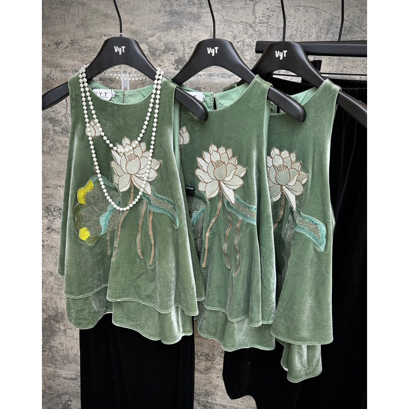 Set bộ nhung thêu hoa sen xanh min