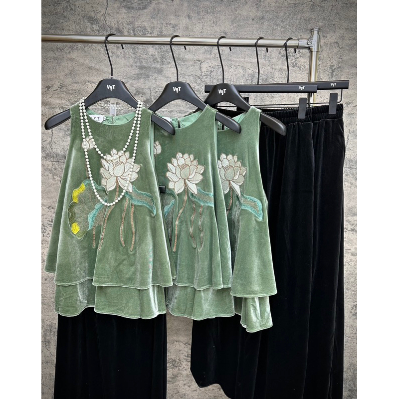 Set bộ nhung thêu hoa sen xanh min