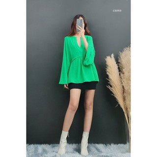 C2053 - 	áo cổ chìa khóa, tay dài, cột nơ, chỉ kiểu