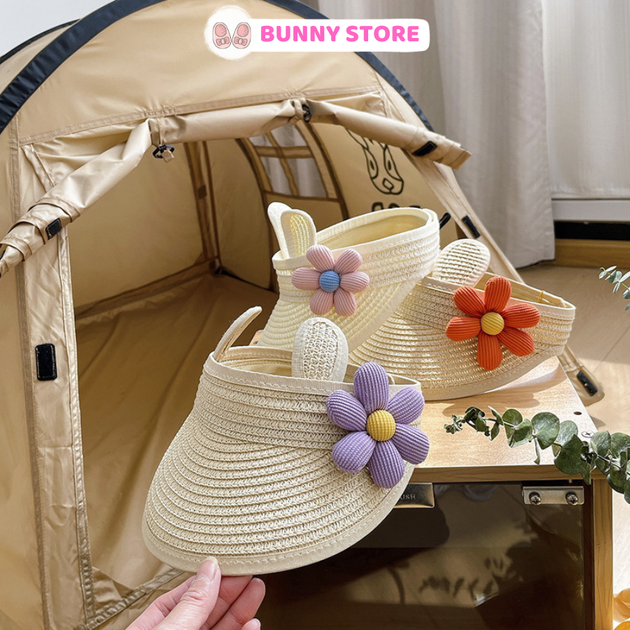 Mũ cho bé gái nón cói đi biển mùa hè gắn hoa Bunny Store, mũ chống nắng rộng vành cho bé từ 1 đến 5 tuổi nửa đầu PKM08